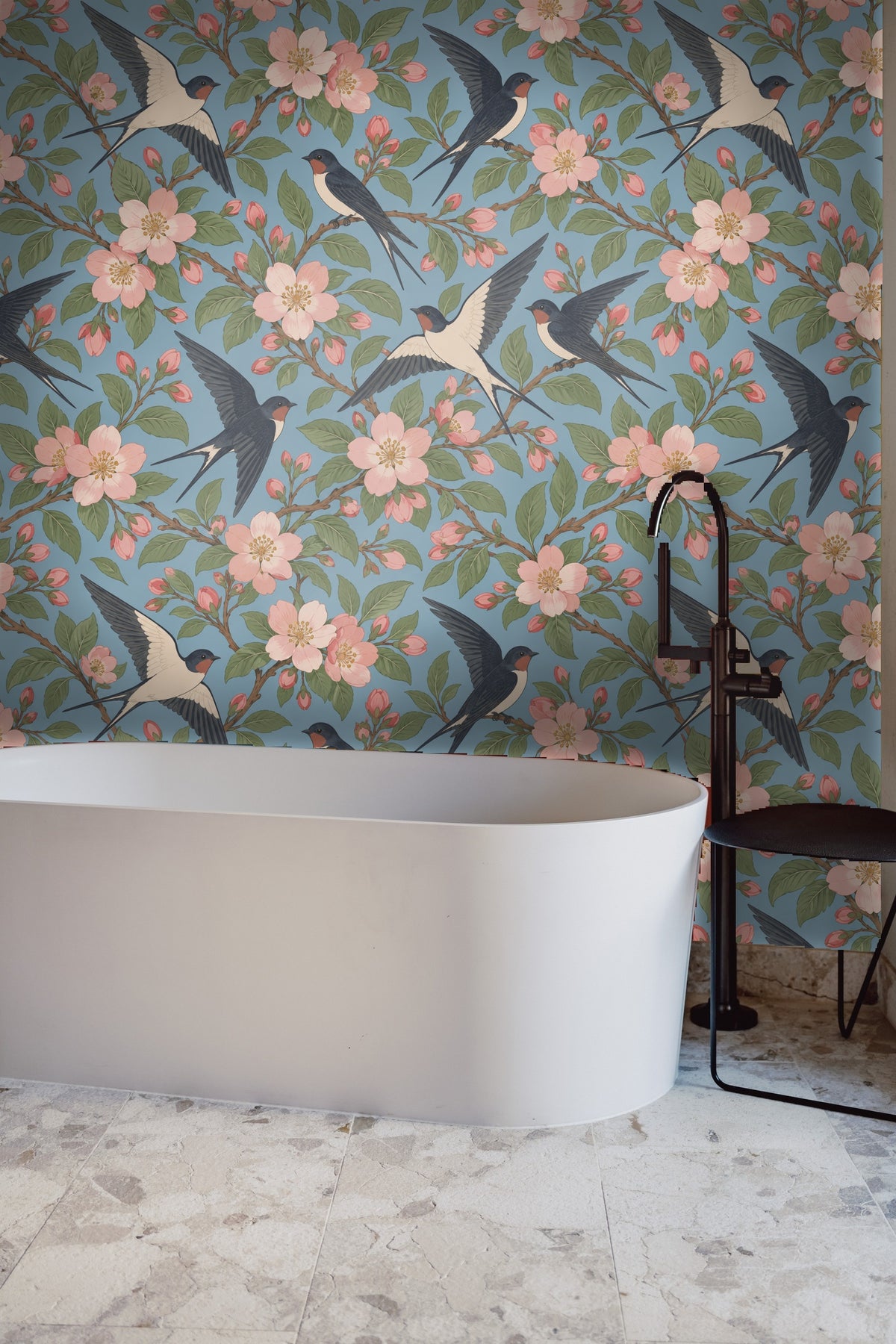 Pattern repeat showing multiple swallows and peach blossom sprays