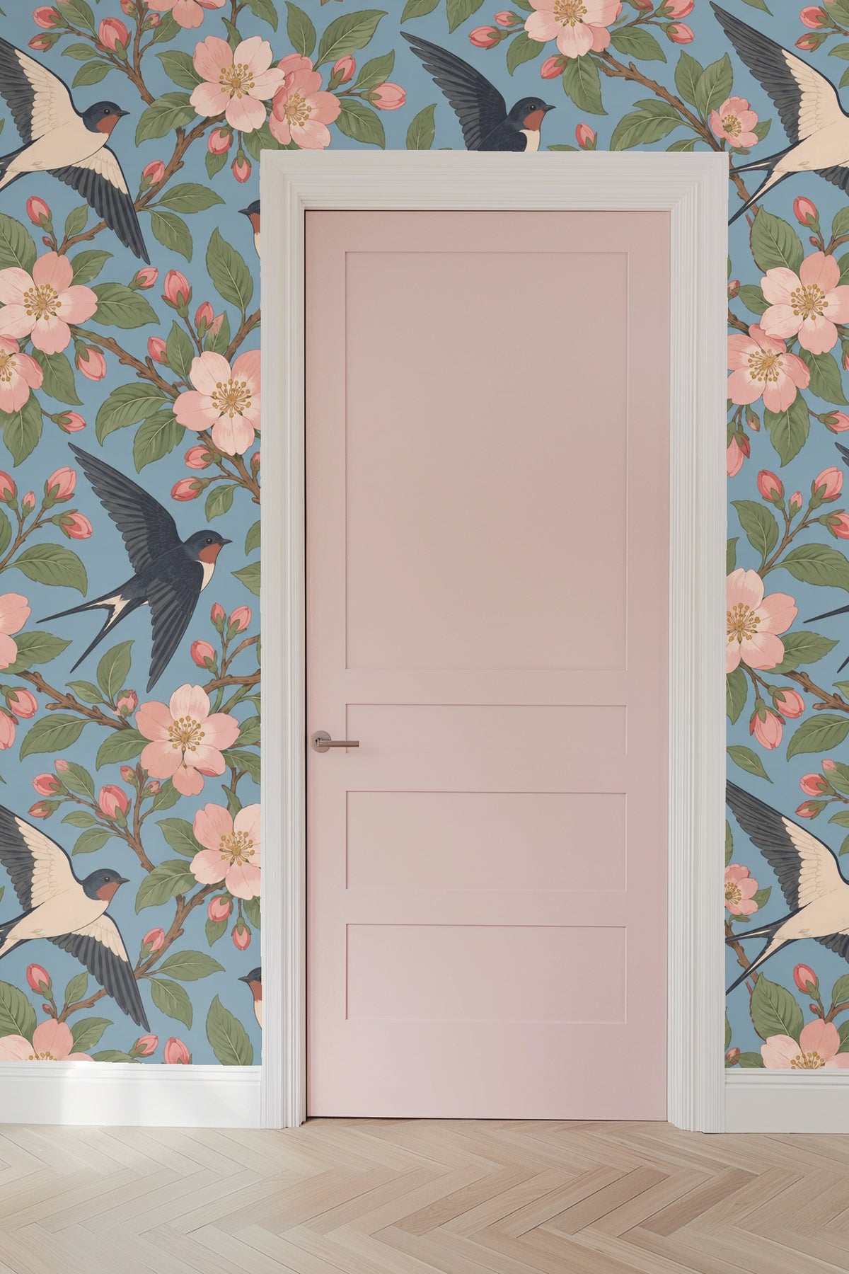 Swallow orchard design detail showing fine line work and shaded leaves
