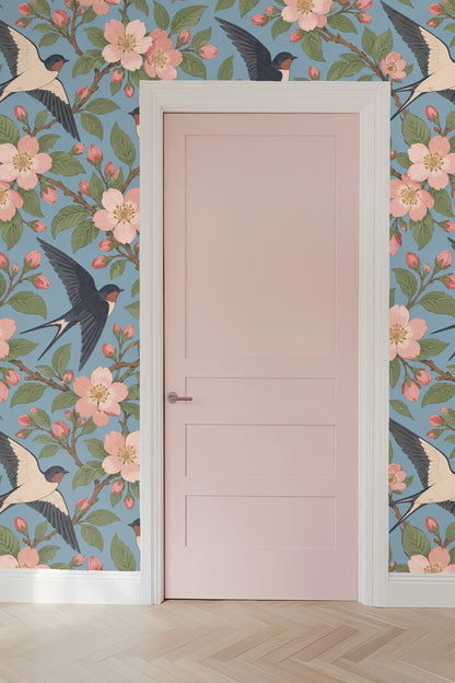 Swallow orchard design detail showing fine line work and shaded leaves