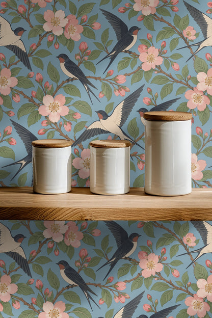Swallows flying dynamically among detailed orchard flower branches