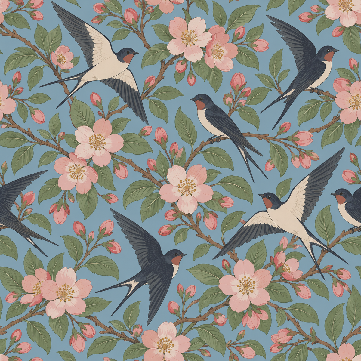 Illustration style detail highlighting naturalistic bird plumage and delicate flowers