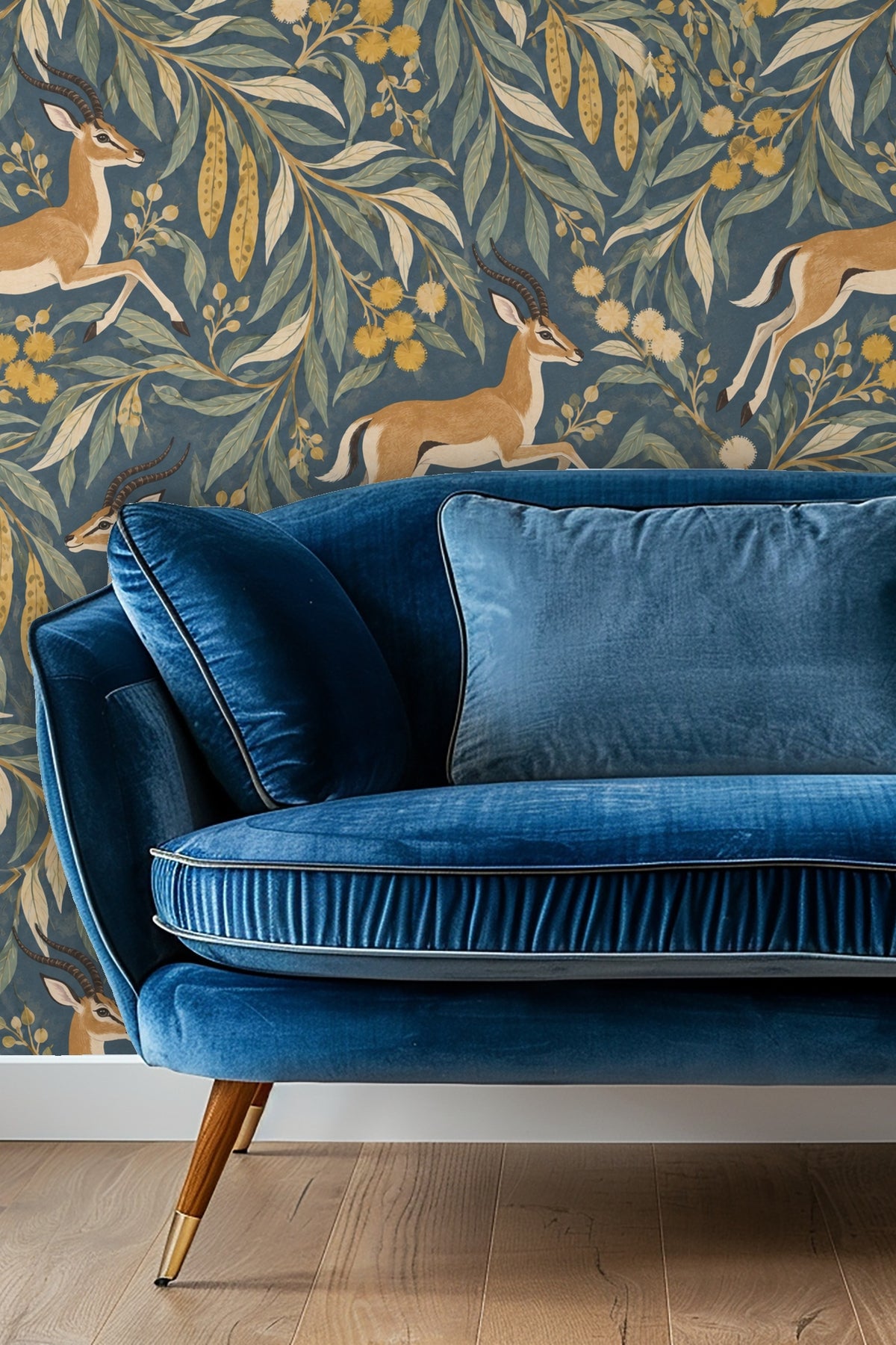 Wallpaper pattern showing leaping impalas amidst leafy branches on deep blue background