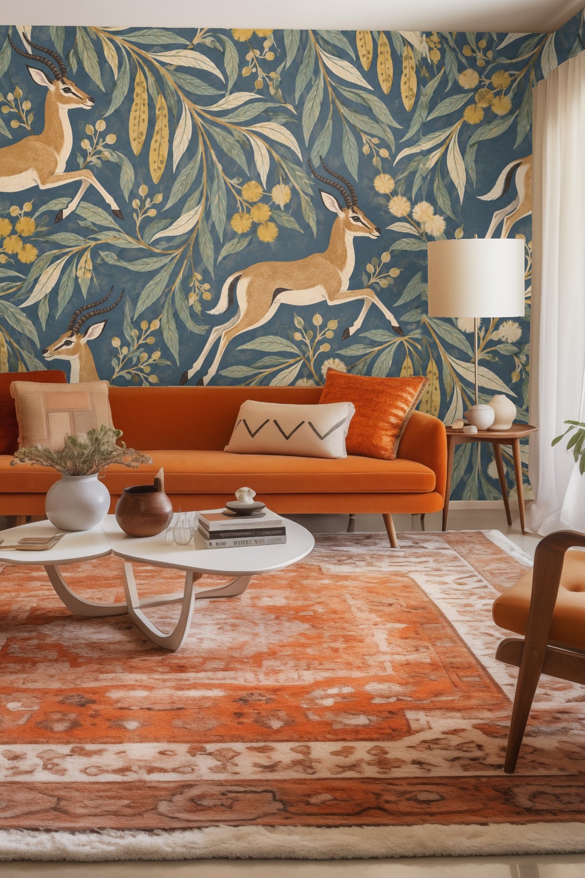 Entryway with arch and mirror surrounded by Impala Leaf Procession wallpaper featuring blue leaves and impalas