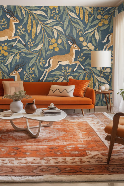 Entryway with arch and mirror surrounded by Impala Leaf Procession wallpaper featuring blue leaves and impalas