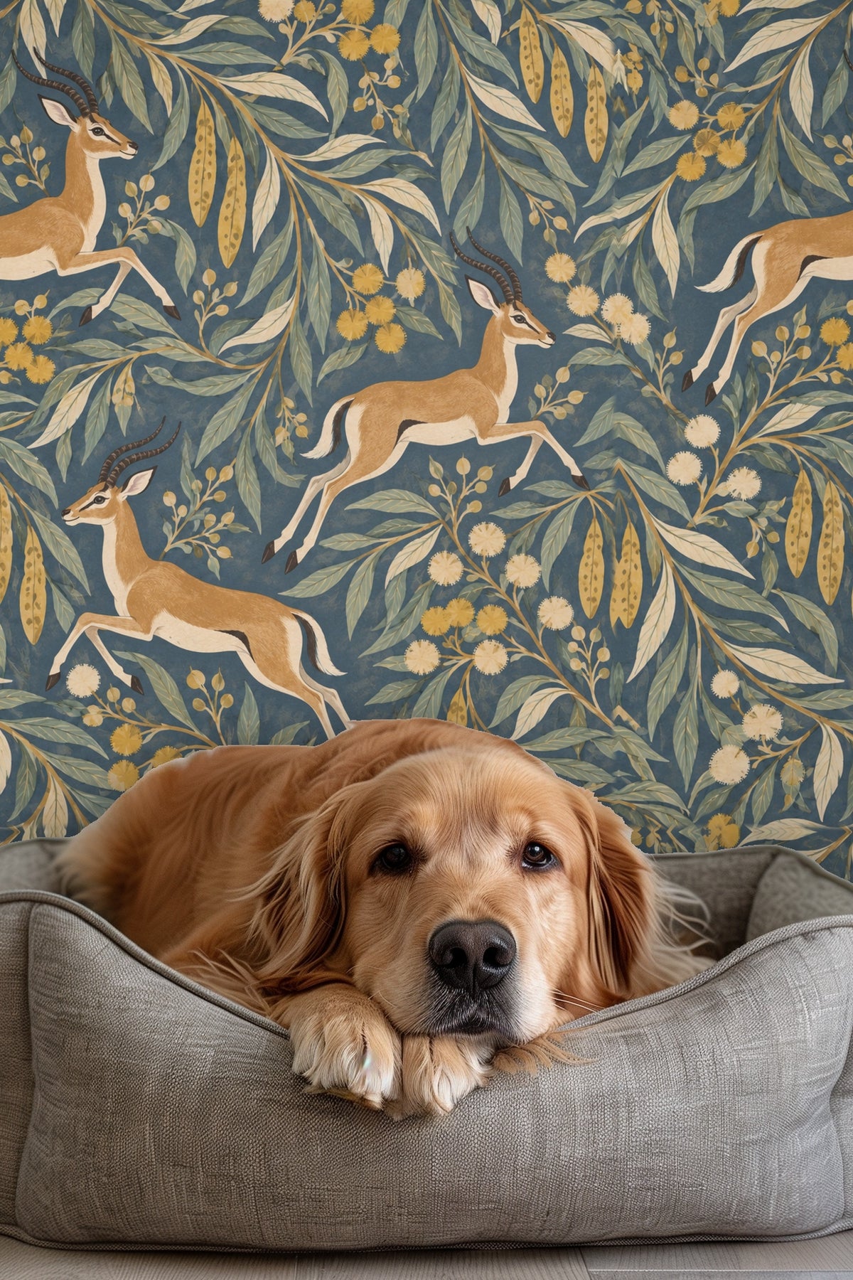 Close-up of impala antelope figure with detailed horns and ochre fur on botanical wallpaper
