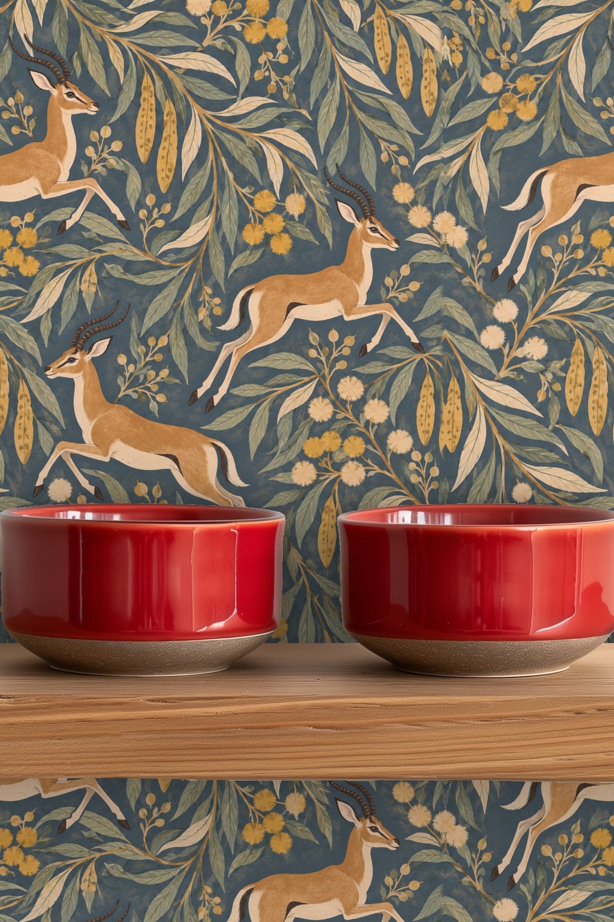 Section of wallpaper with muted green elongated leaves overlapping