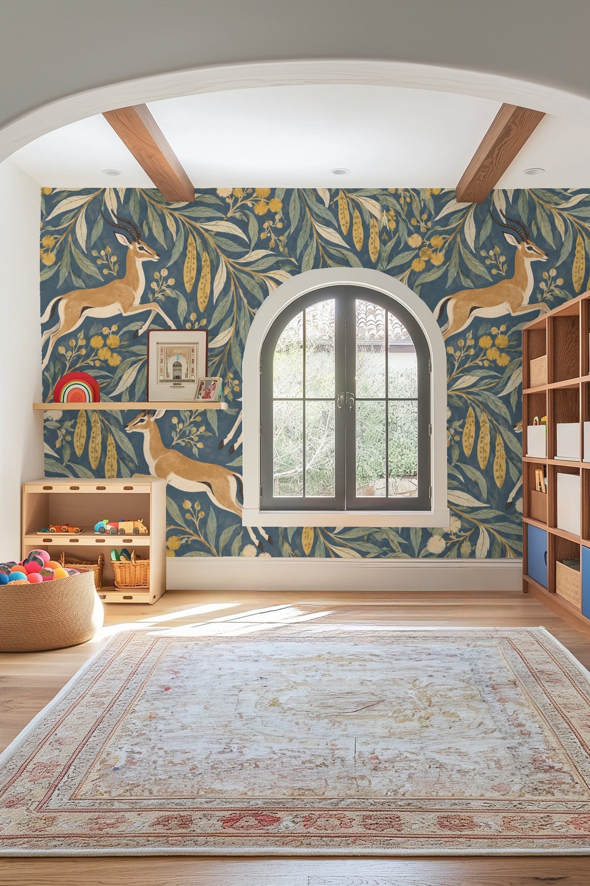 Partial view of wall with Impala Leaf Procession wallpaper and modern wooden bench