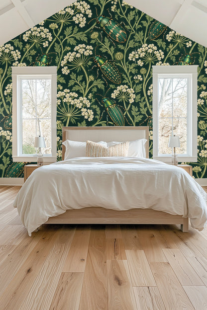 Parsley Beetles wallpaper shown in an interior setting