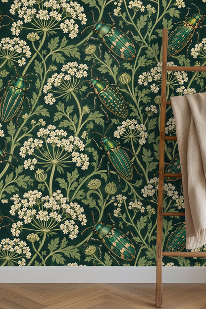 Parsley Beetles wallpaper shown in an interior setting
