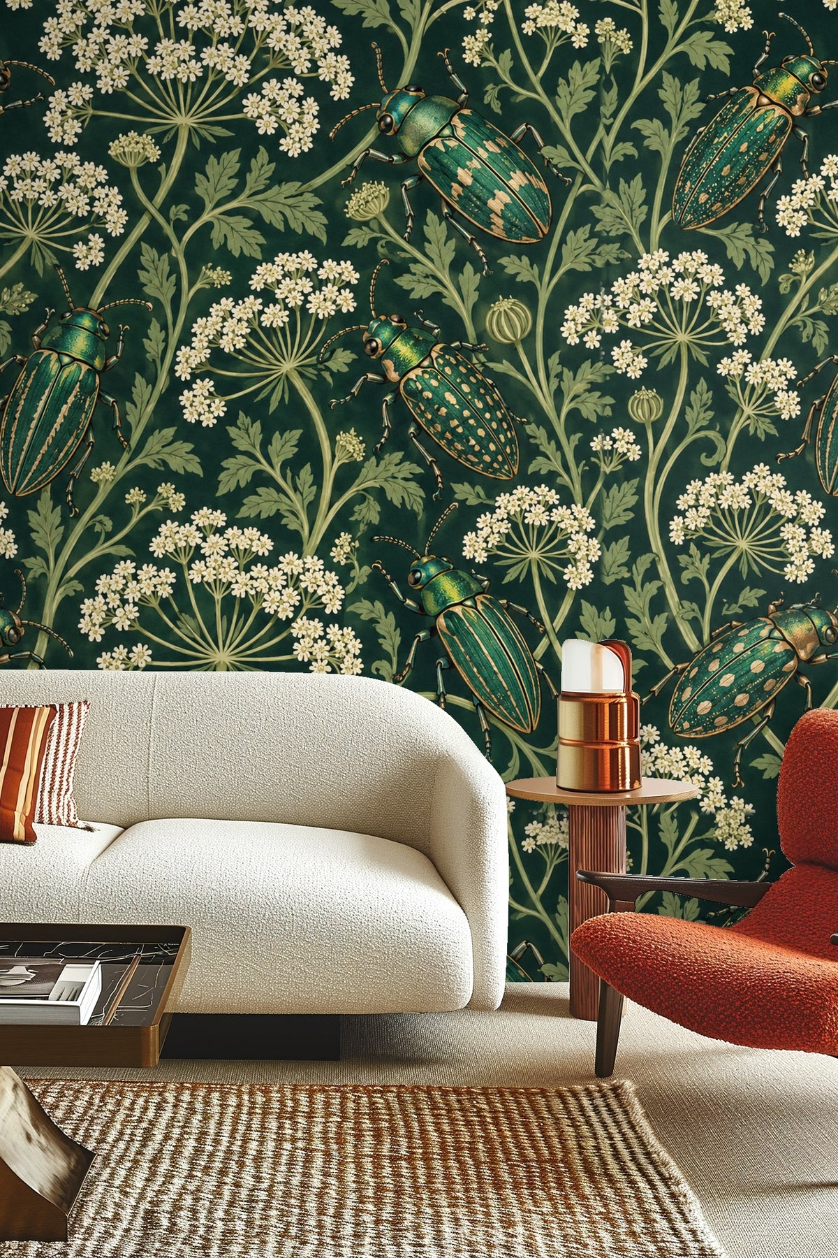 Parsley Beetles wallpaper shown in an interior setting