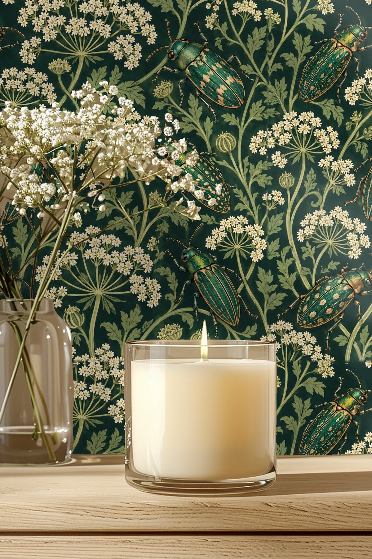 Bathroom vanity area showing parsley beetles wallpaper under a brass lit mirror