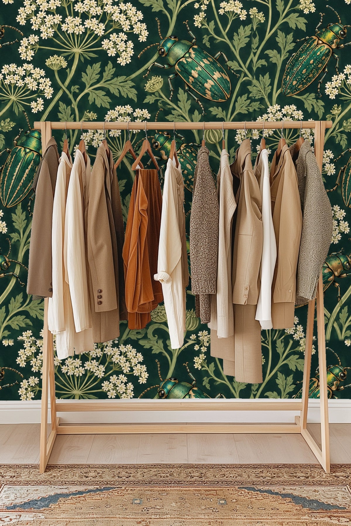 Parsley Beetles wallpaper shown in an interior setting
