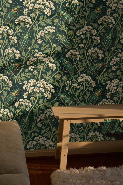 Parsley Beetles wallpaper shown in an interior setting
