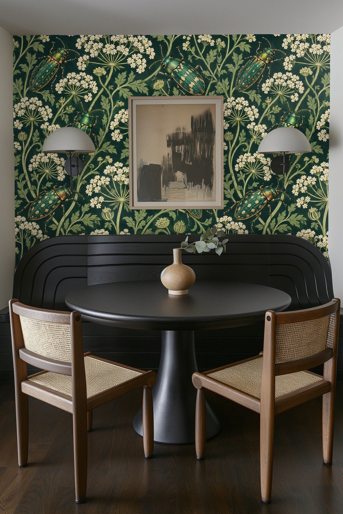 Parsley Beetles wallpaper shown in an interior setting