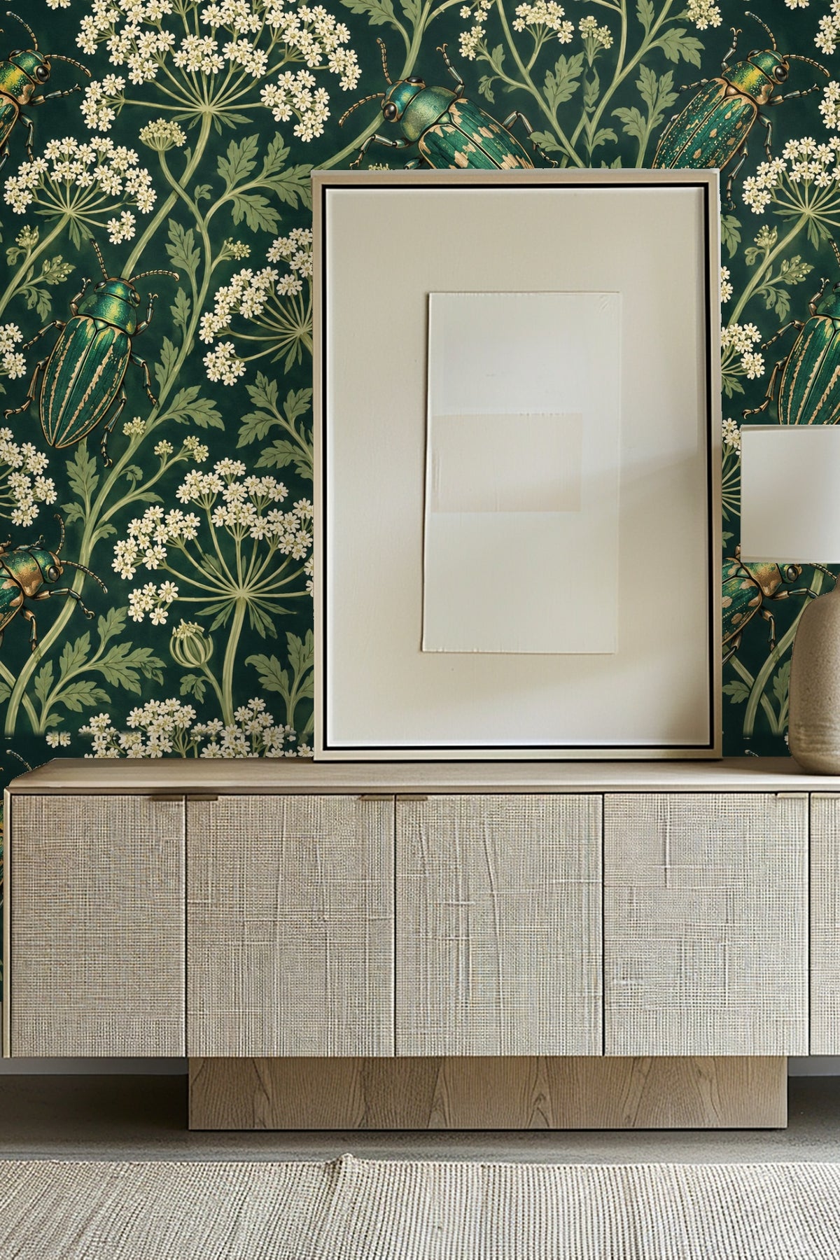 Wallpaper design of parsley plants and golden emerald beetles on a dark green background