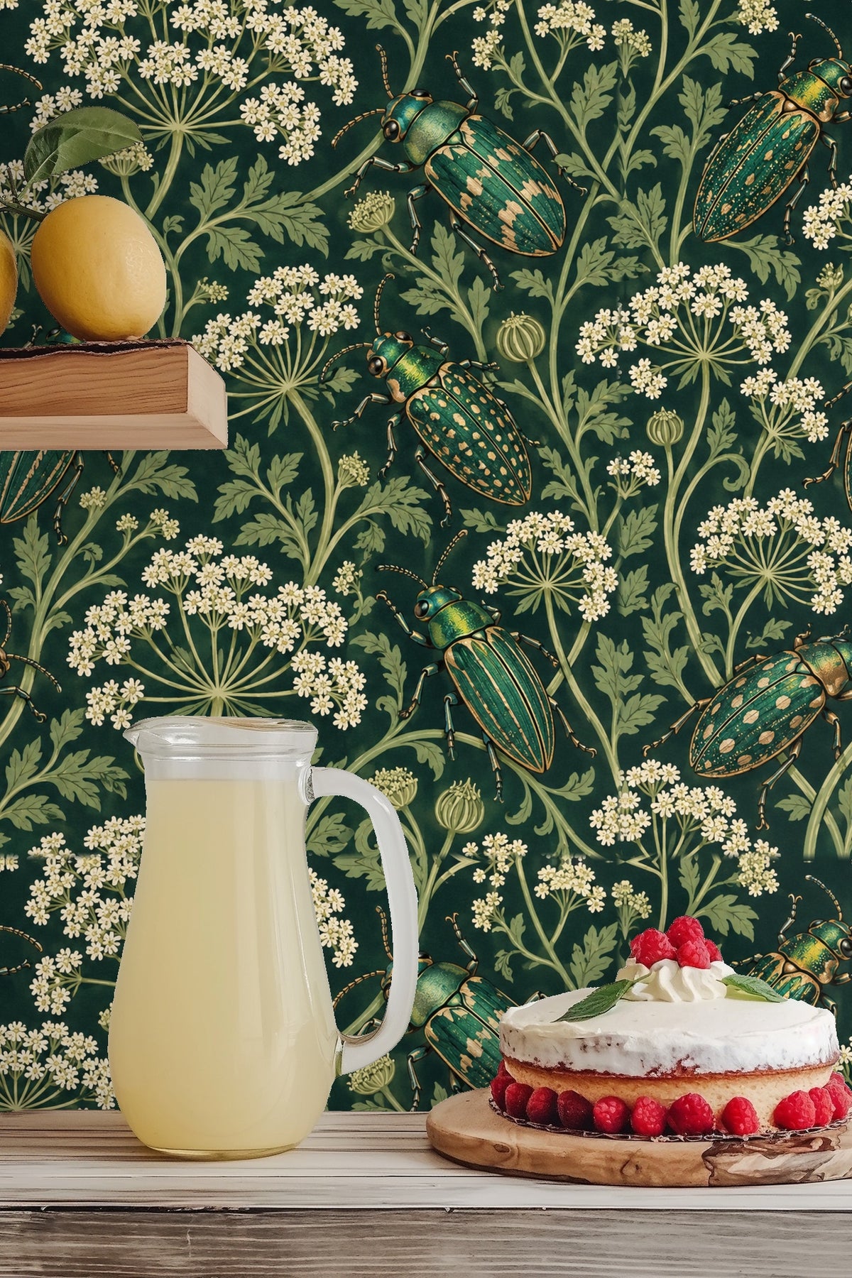 Parsley Beetles wallpaper shown in an interior setting