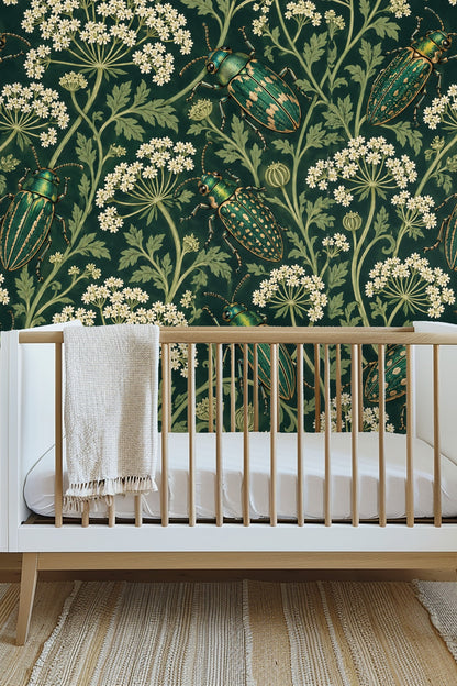 Parsley Beetles wallpaper shown in an interior setting