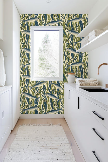 Marine motif of stylized sardines and olive branches in flowing organic lines.