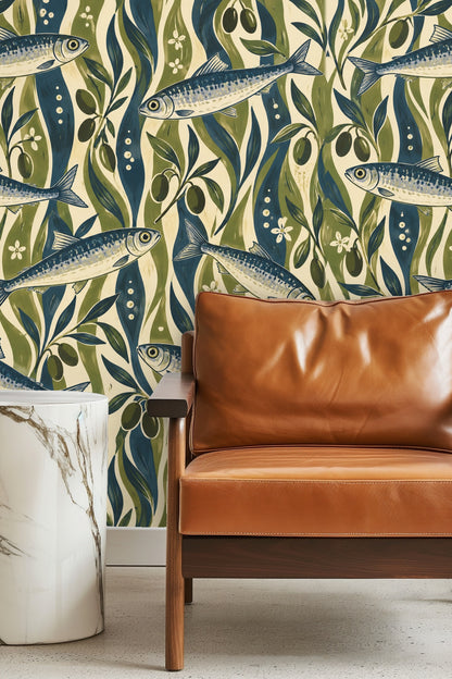 Close-up of striped sardines swimming among wavy blue and olive kelp foliage on a cream background.