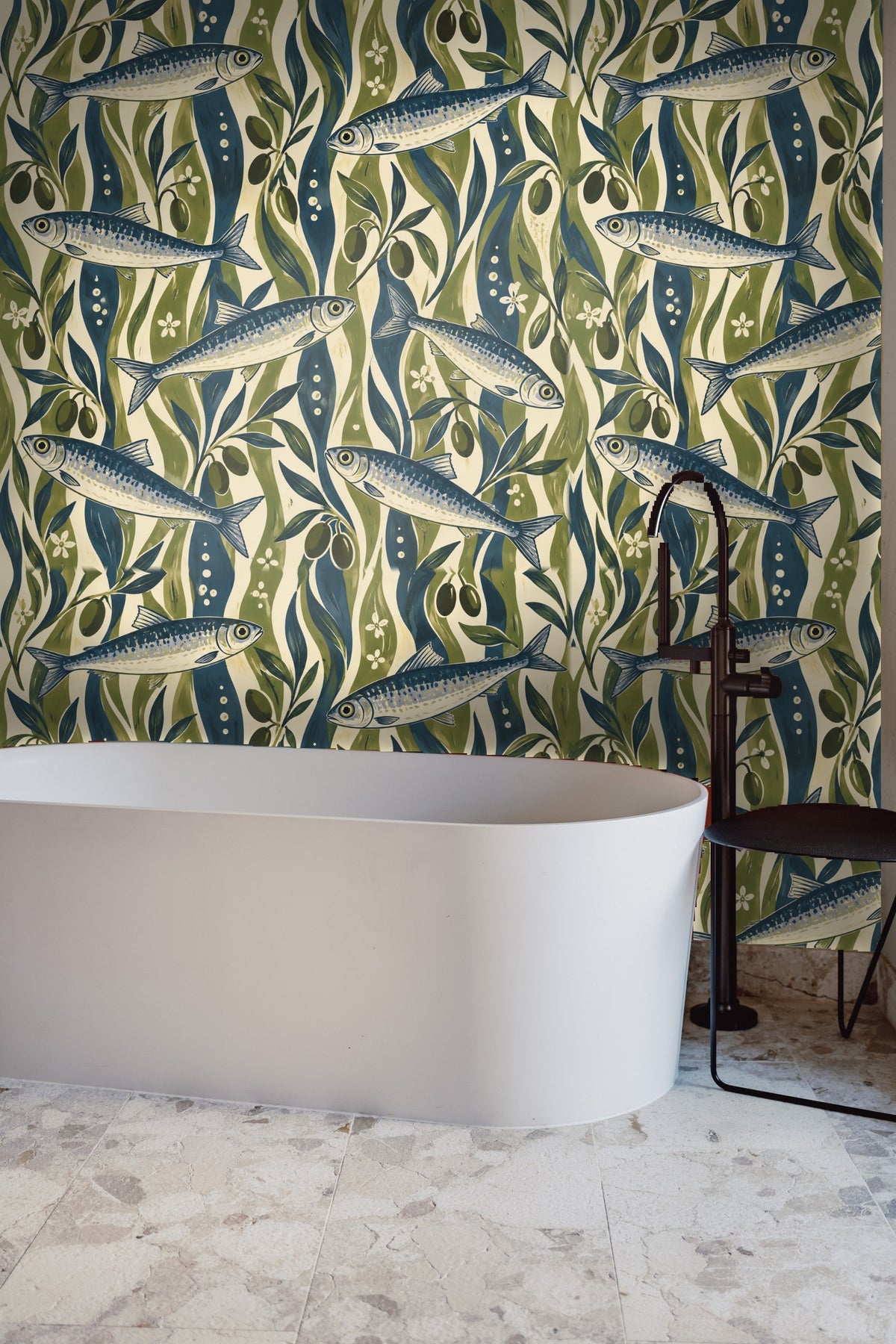 Striped sardines arranged in a rhythmic pattern with olive and navy seaweed motifs.