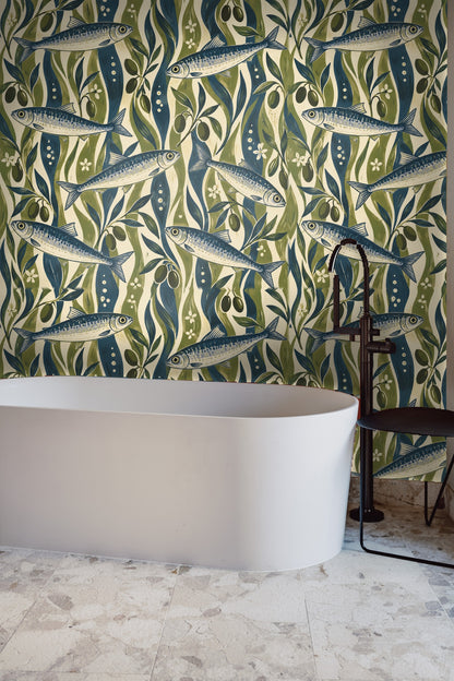 Striped sardines arranged in a rhythmic pattern with olive and navy seaweed motifs.