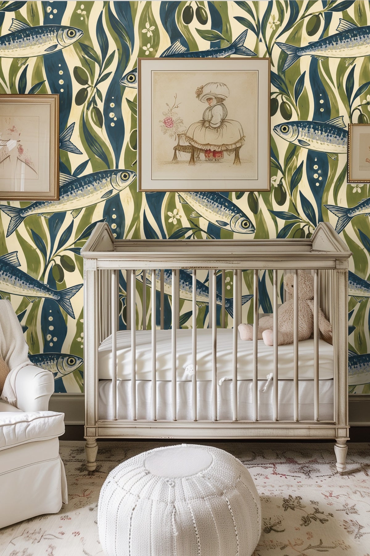 Cozy bedroom with natural textures and striped sardine wallpaper as a large feature wall.