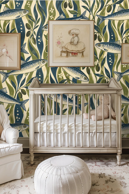 Cozy bedroom with natural textures and striped sardine wallpaper as a large feature wall.