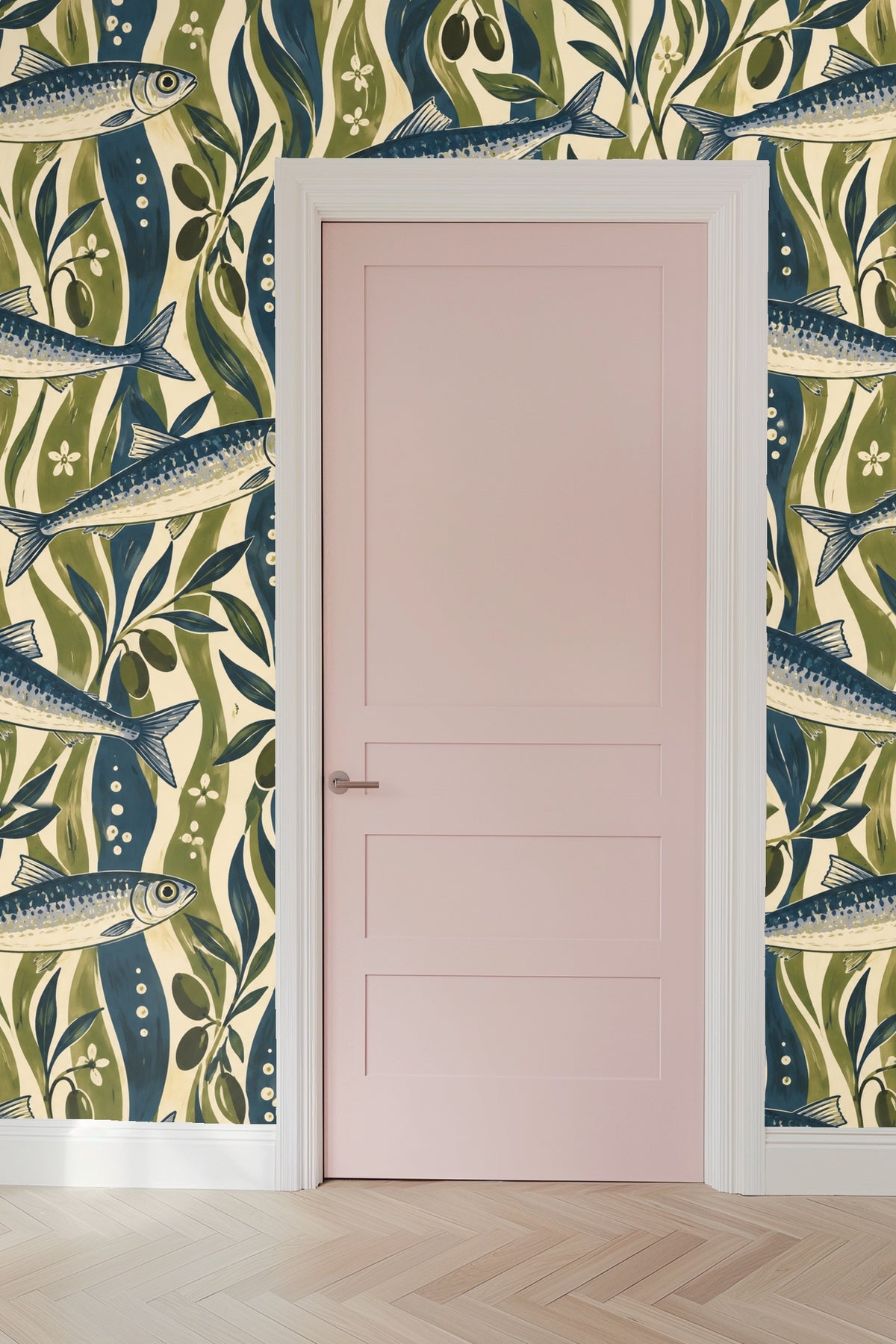 Stylized fish and foliage repeating seamlessly to create a sophisticated aquatic pattern.