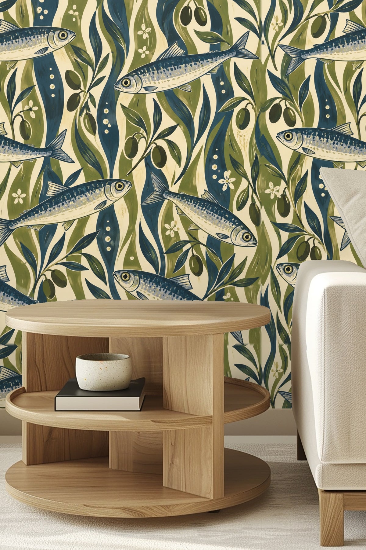 Mid-century modern room setting with striped sardine wallpaper as statement backdrop.