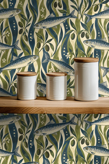 Elegant wallpaper with balanced deep blue and green tones against warm cream.