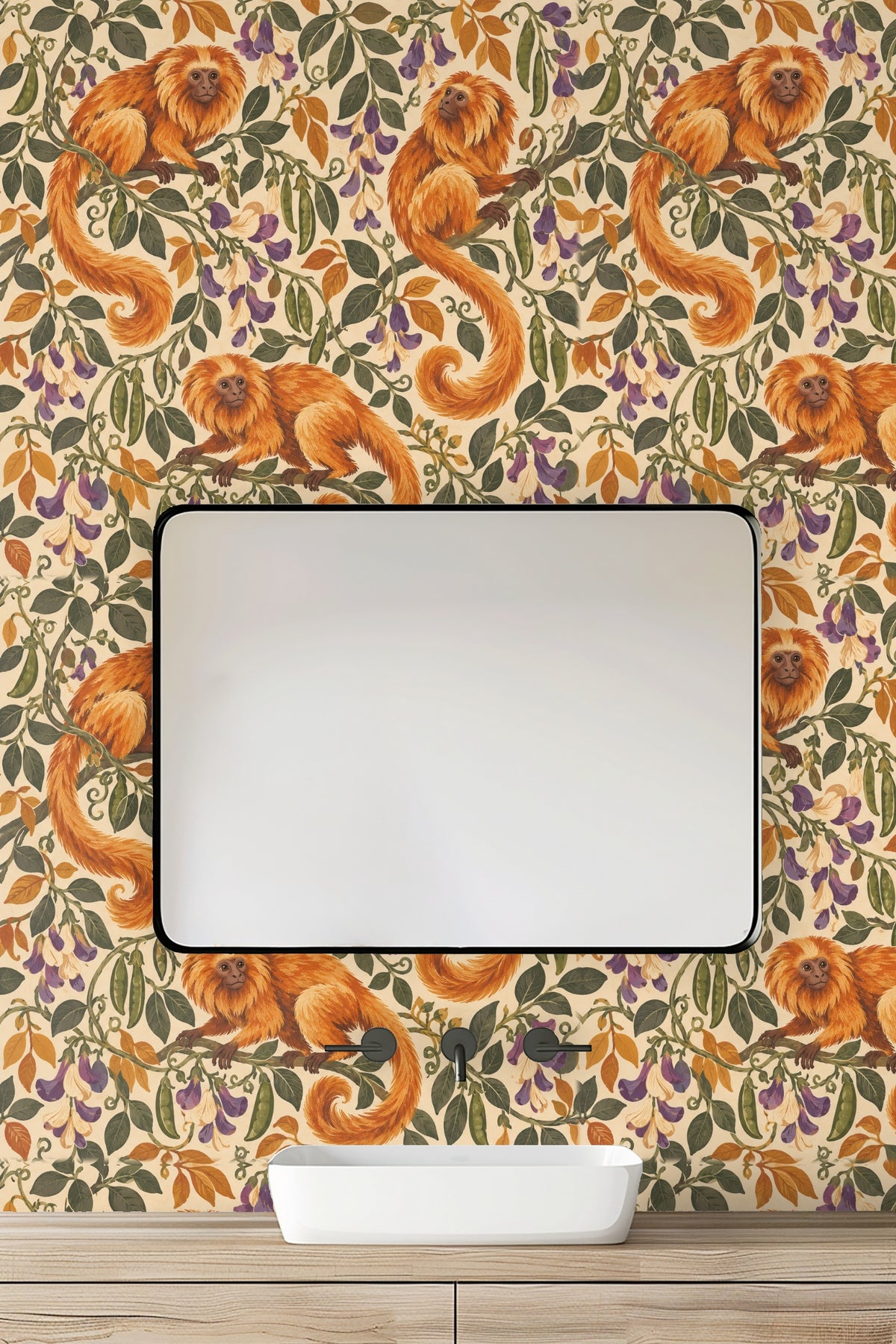 Clusters of purple and cream blossoms among olive leaves on wallpaper