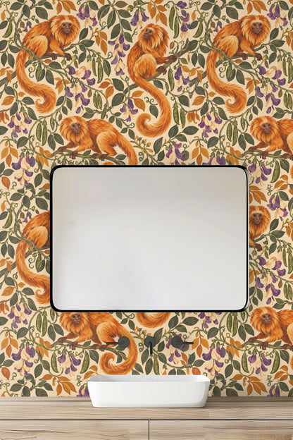 Clusters of purple and cream blossoms among olive leaves on wallpaper