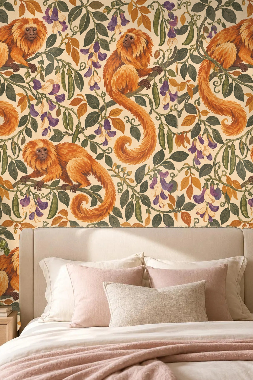 Twisting vines and pea pods in green and gold on wallpaper