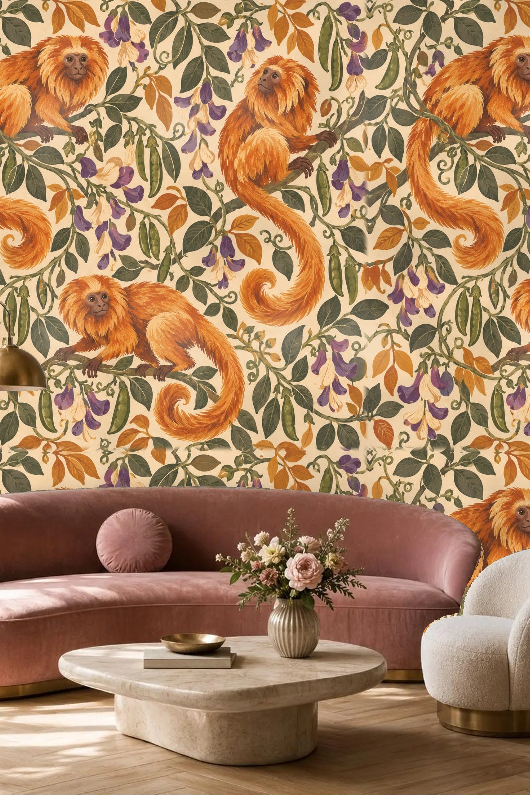 Architectural shot of living room wall with tamarin wallpaper and wooden beams