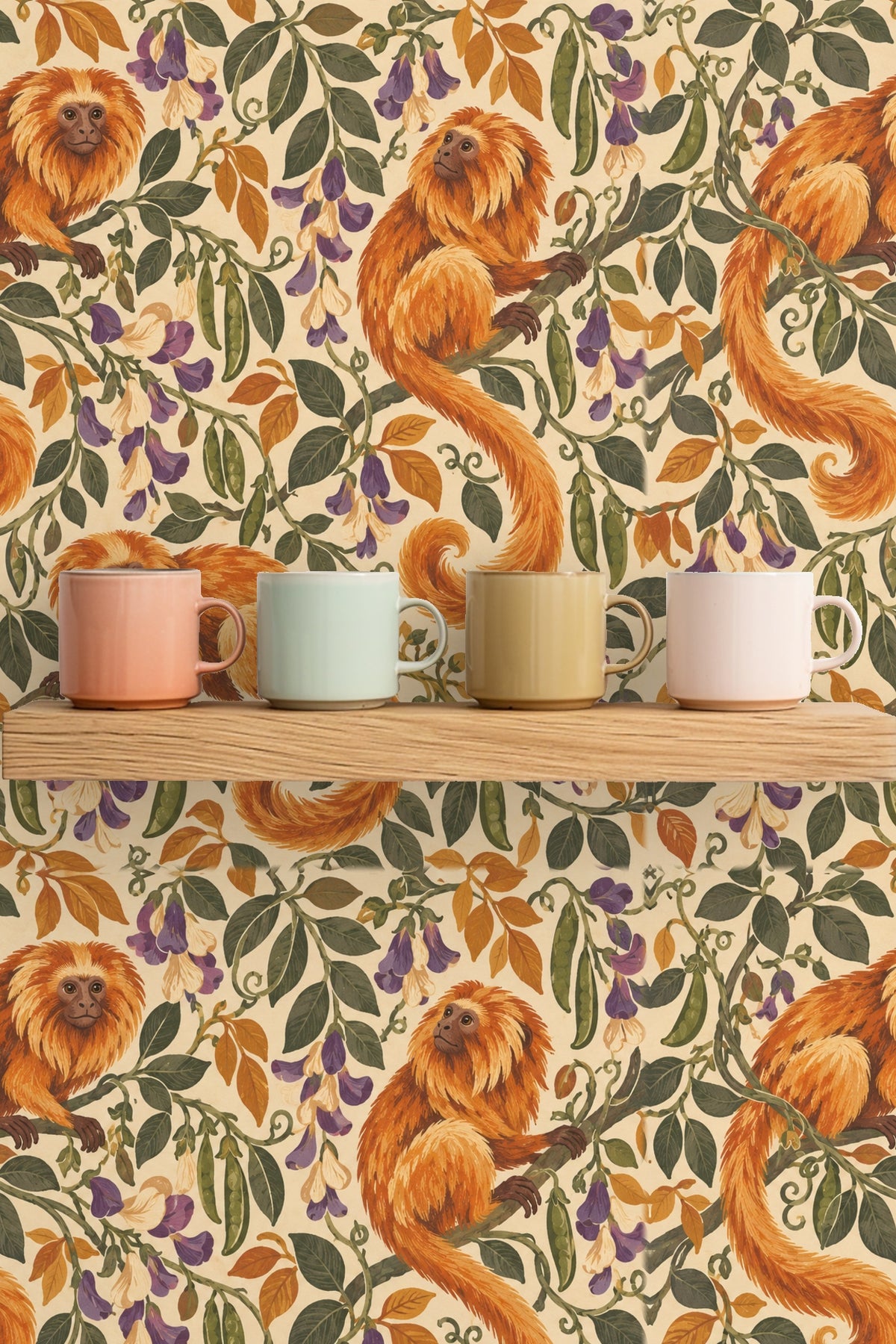 Pattern repeat showing multiple tamarin monkeys and botanical elements