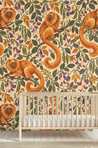 Decorative pattern of monkeys and florals creating a vintage botanical vibe
