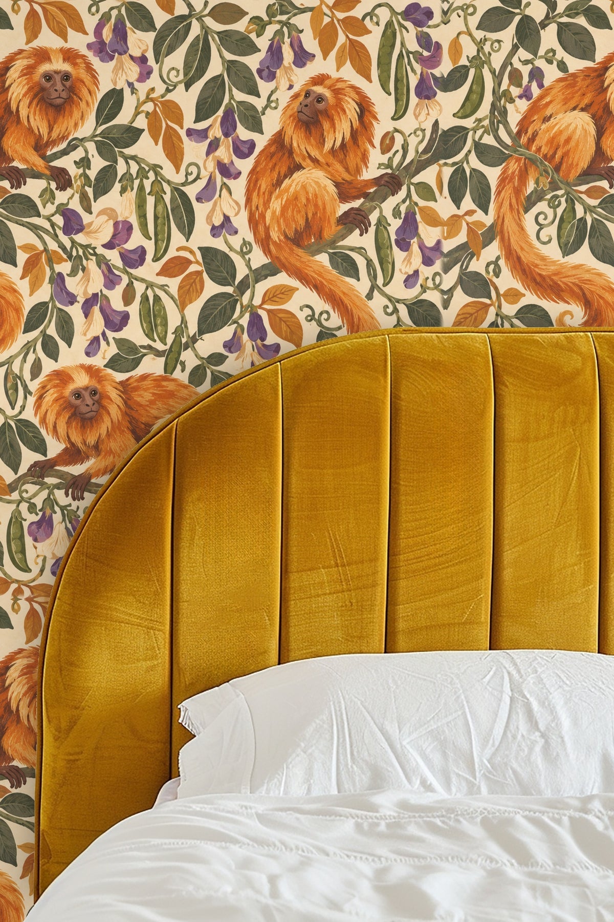 Wallpaper pattern with orange golden tamarin monkeys and green leaves