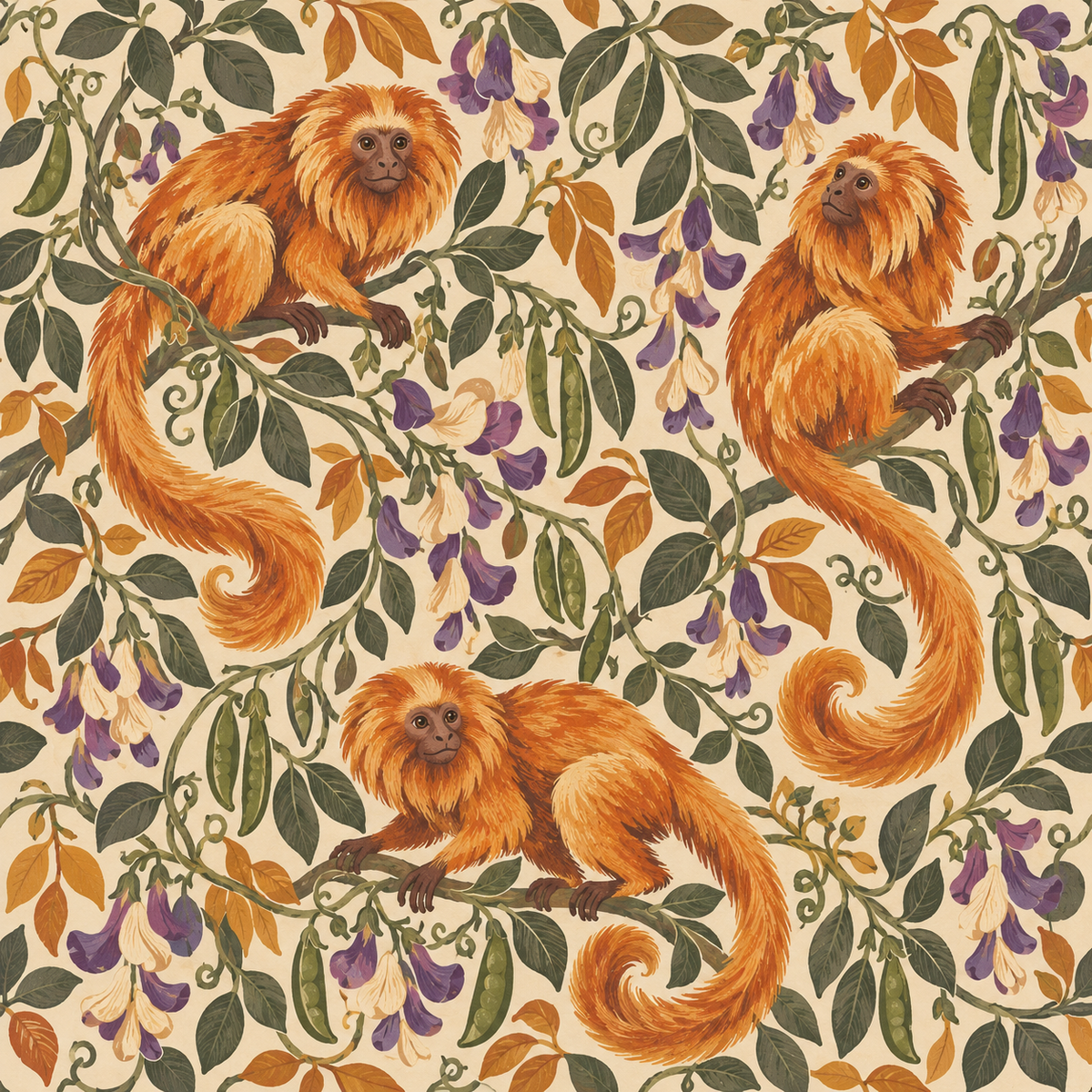 Overall wallpaper spread capturing full motifs of monkeys and vines