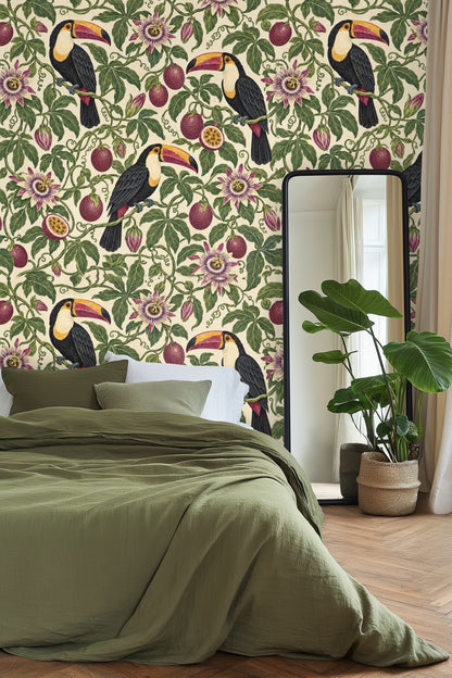 Natural wood flooring and modern furniture against the tropical wallpaper