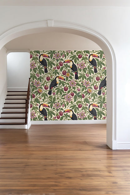 Wide shot of a living room with vaulted ceiling and wallpapered feature wall