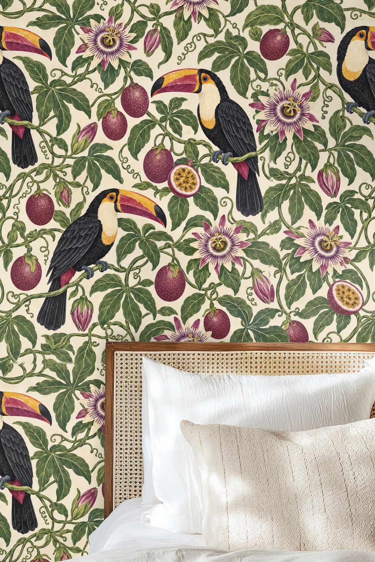 Rust-colored velvet headboard complementing the wallpaper colors in a bedroom setting