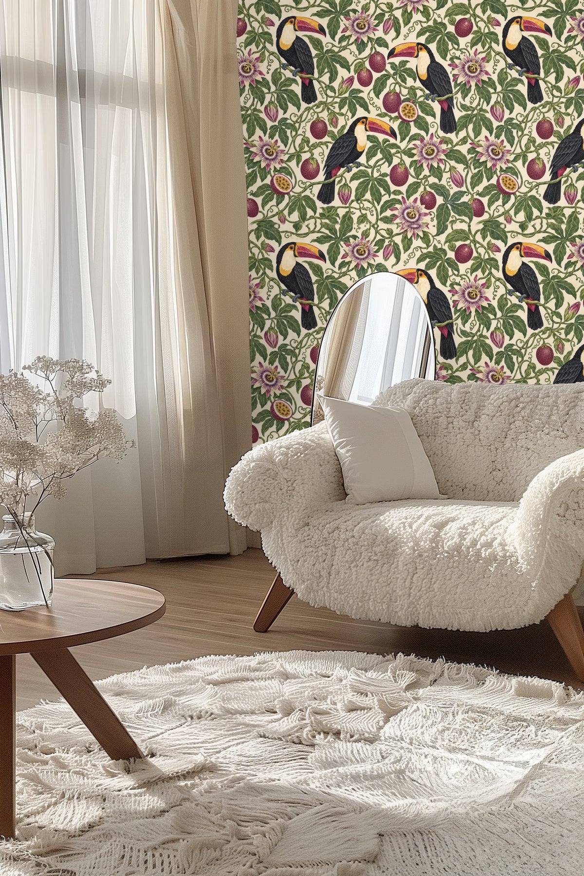 Wall scale impression of the wallpaper in a cozy bedroom environment