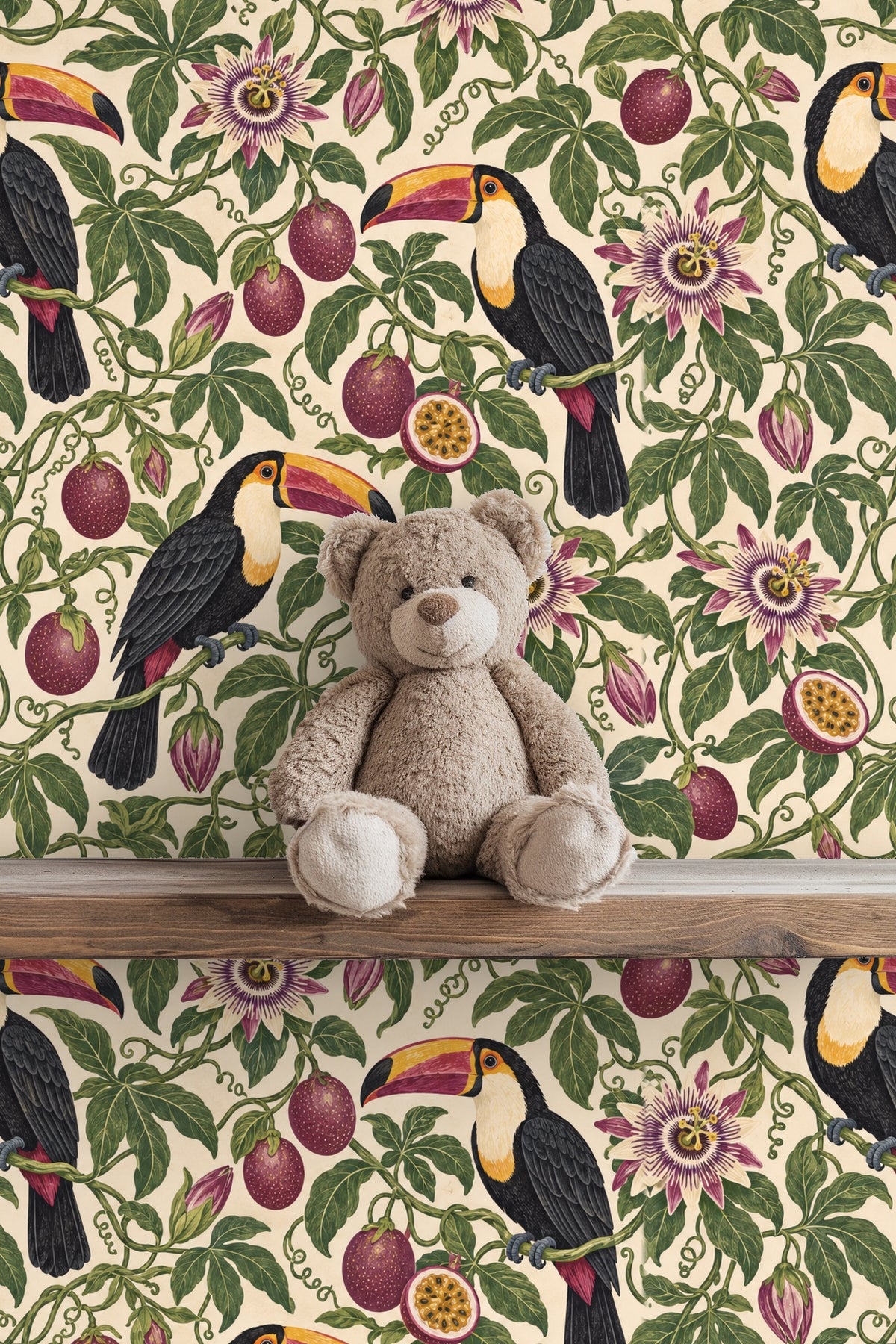 Purple passionflower blossoms with detailed petals and intricate stamens on wallpaper