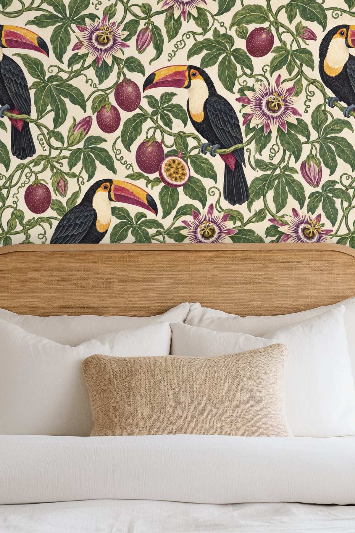 Close-up detail of a toucan and passionfruit blossoms from the wallpaper artwork
