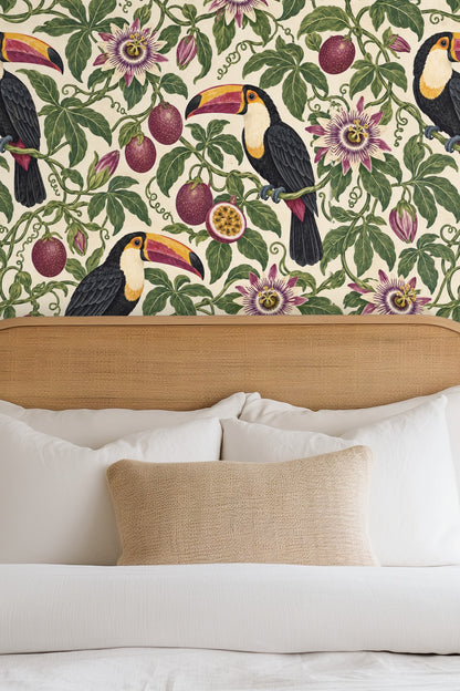 Close-up detail of a toucan and passionfruit blossoms from the wallpaper artwork
