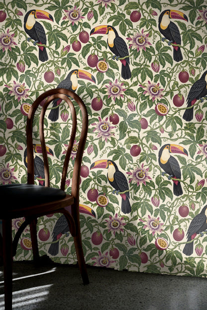 Full wallpaper roll unfurled showing continuous toucan and passionfruit motif