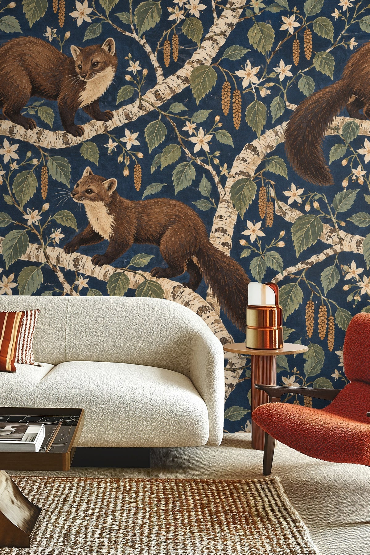 Bedroom wall covered with Starry Birch Martens wallpaper mural showing martens and birch branches with leaves and flower clusters in a deep,