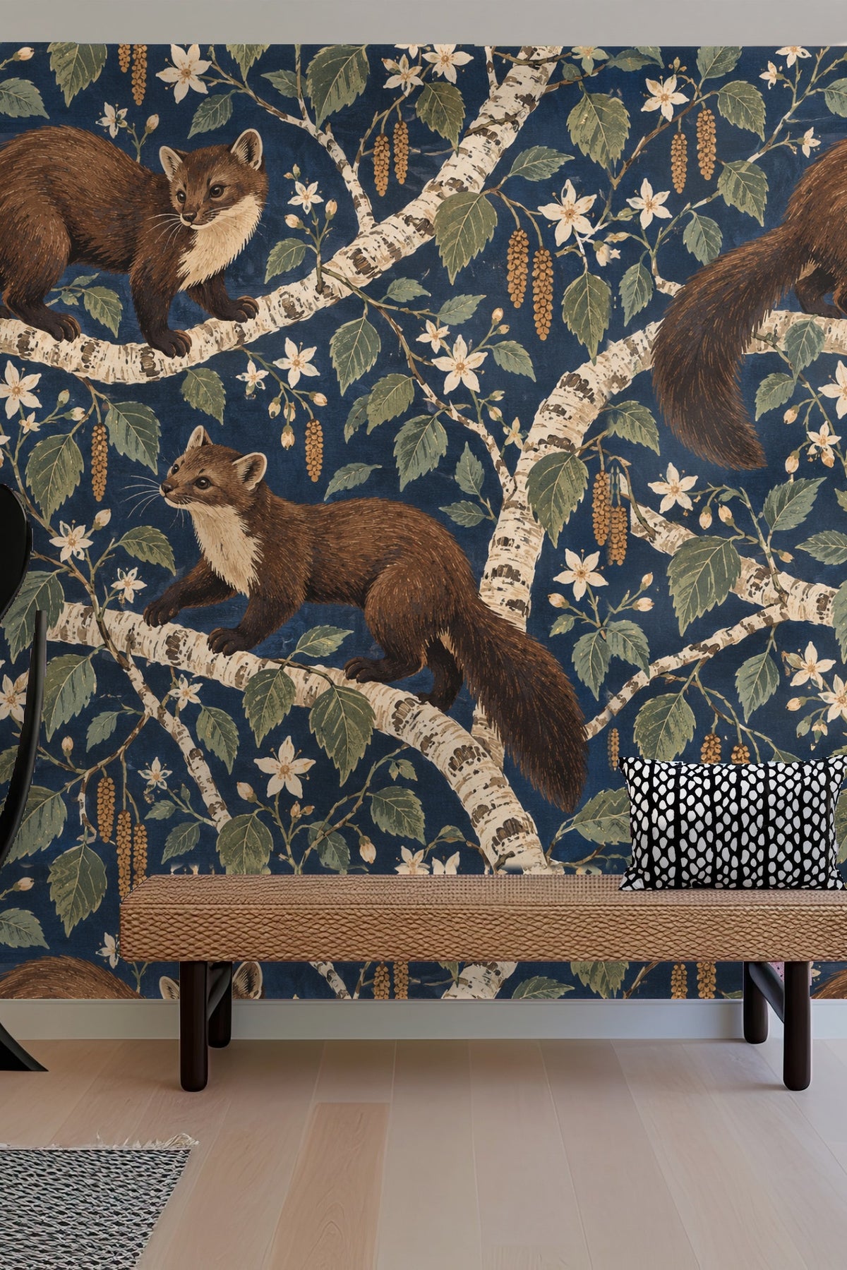 Close-up of the glossy, painterly leaves and flowers with delicate shading and highlights on the wallpaper.