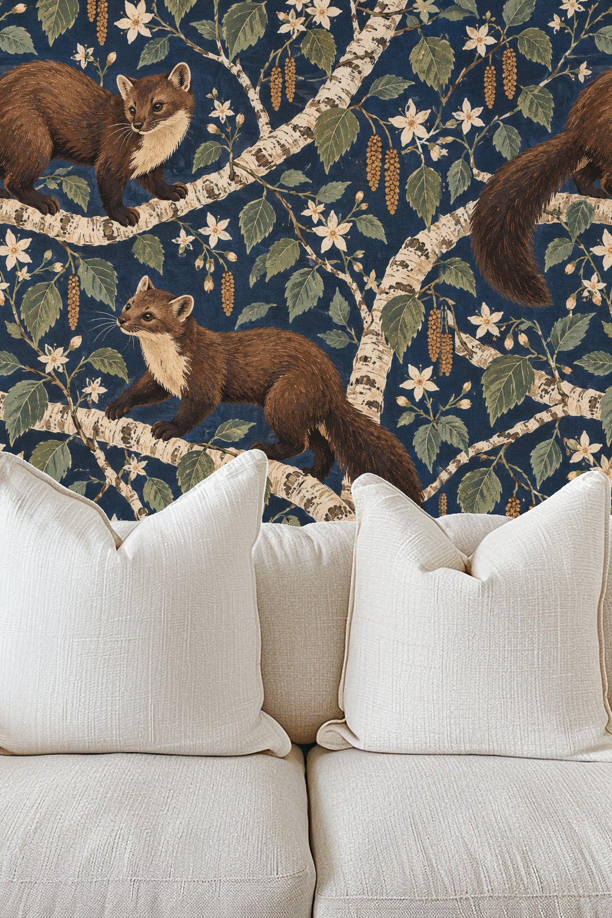 Martens climbing on birch limbs, their fur and whiskers finely detailed in an artistic brushstroke style.