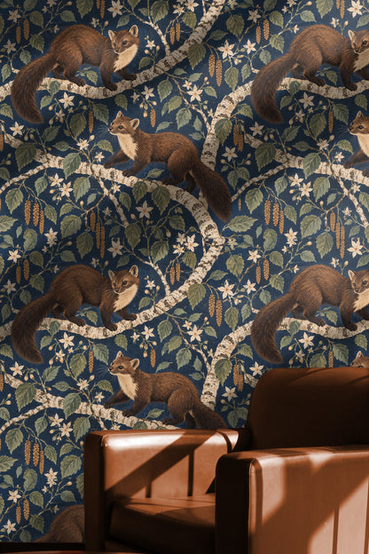 Vibrant wallpaper mural featuring woodland animals and flowering branches framed by richly colored foliage and textured background.